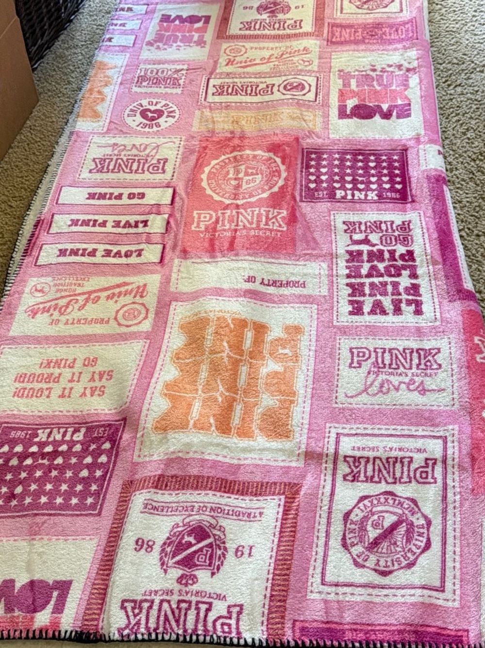 PINK Victoria's Secret Pink & Orange Patchwork Logo Throw